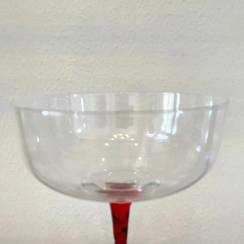 Set of 2 Coupe Martini Glasses with Ruby Red Textured Long Stem NEW